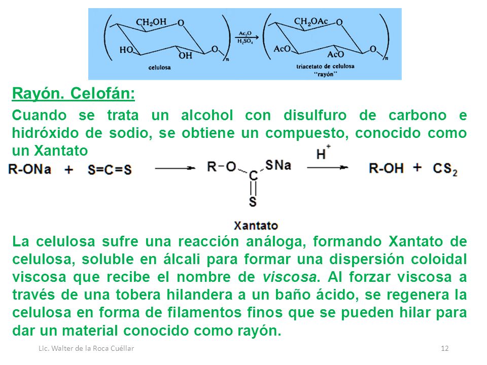 Rayón. Celofán: Cuando se trata un alcohol con disulfuro de carbono e hidróxido de sodio, se obtiene un compuesto, conocido como un Xantato.