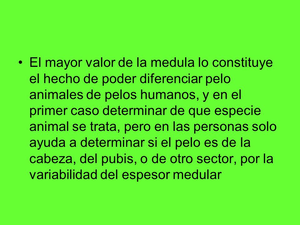 El mayor valor de la medula lo constituye el hecho de poder diferenciar pelo animales de pelos humanos, y en el primer caso determinar de que especie animal se trata, pero en las personas solo ayuda a determinar si el pelo es de la cabeza, del pubis, o de otro sector, por la variabilidad del espesor medular