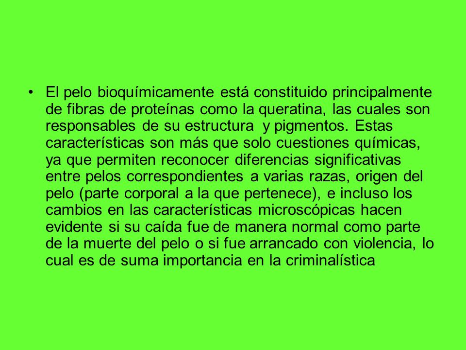 El pelo bioquímicamente está constituido principalmente de fibras de proteínas como la queratina, las cuales son responsables de su estructura y pigmentos.