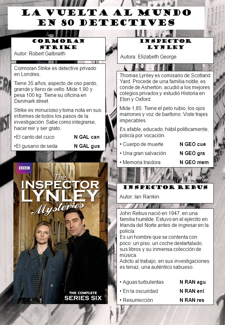 CORMORAN STRIKE Autor: Robert Galbraith. INSPECTOR LYNLEY. Autora: Elizabeth George. Cormoran Strike es detective privado en Londres.