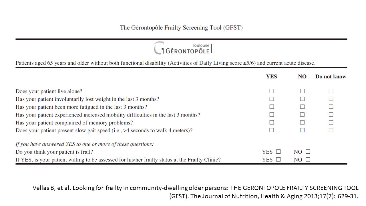 Two different parts compose the instrument, the first one appears as a questionnaire, its main objective is to attract the general practitioner’s attention to very general signs and/or symptoms potentially indicating the presence of an underlying frailty status, and the second part in which the general practitioner expresses his/her own view about the frailty status of the individual.