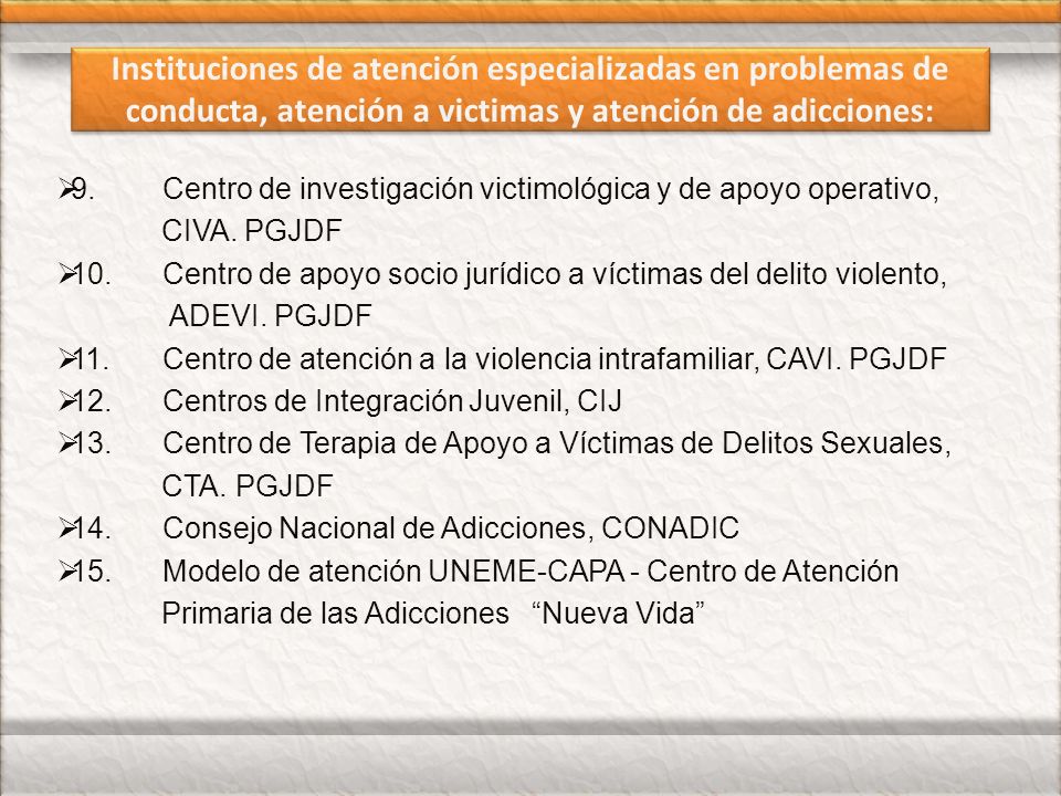 Instituciones de atención especializadas en problemas de conducta, atención a victimas y atención de adicciones: