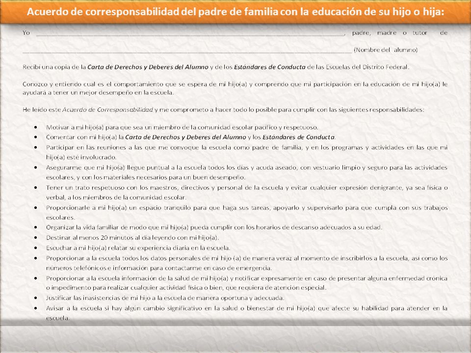 Acuerdo de corresponsabilidad del padre de familia con la educación de su hijo o hija: