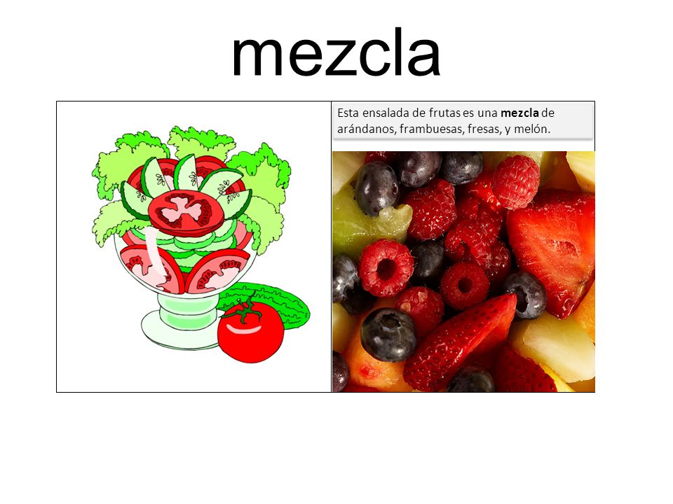mezcla Esta ensalada de frutas es una mezcla de arándanos, frambuesas, fresas, y melón.