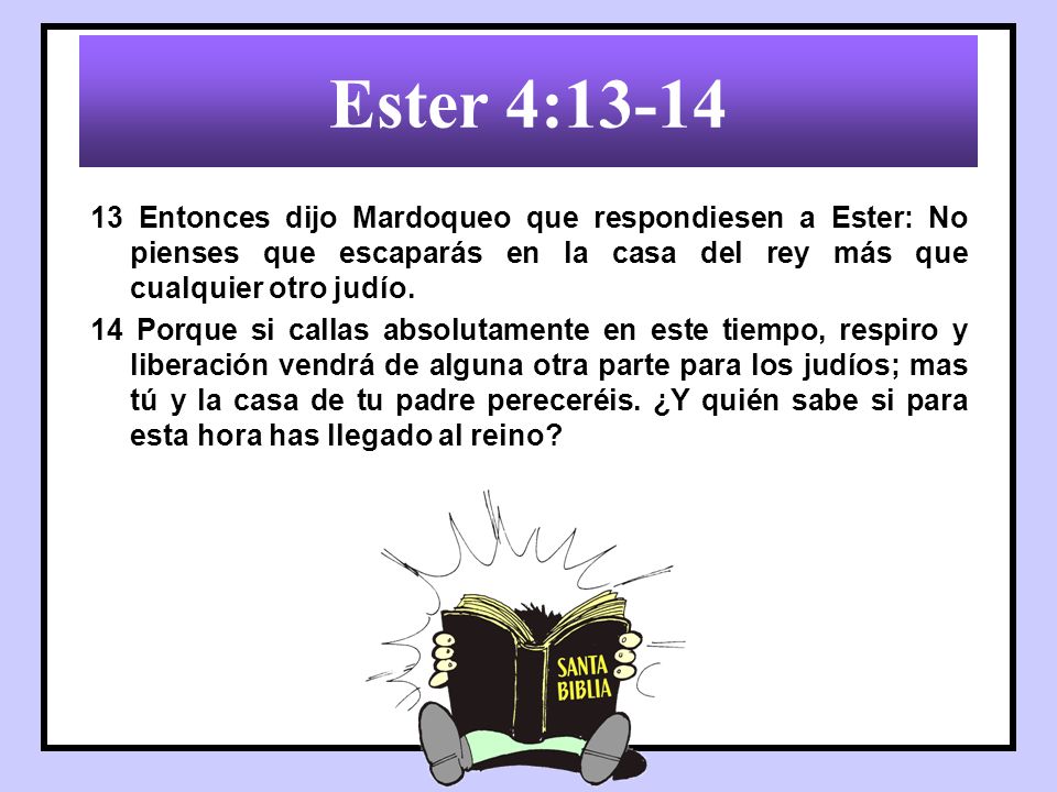 Ester 4: Entonces dijo Mardoqueo que respondiesen a Ester: No pienses que escaparás en la casa del rey más que cualquier otro judío.