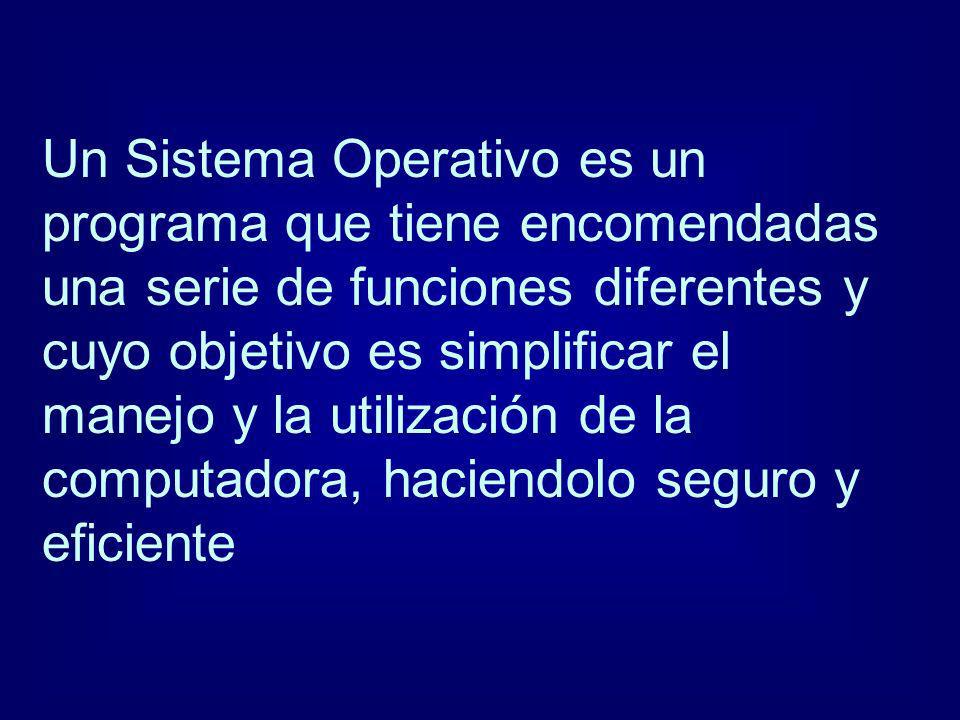 Un Sistema Operativo es un programa que tiene encomendadas una serie de funciones diferentes y cuyo objetivo es simplificar el manejo y la utilización de la computadora, haciendolo seguro y eficiente