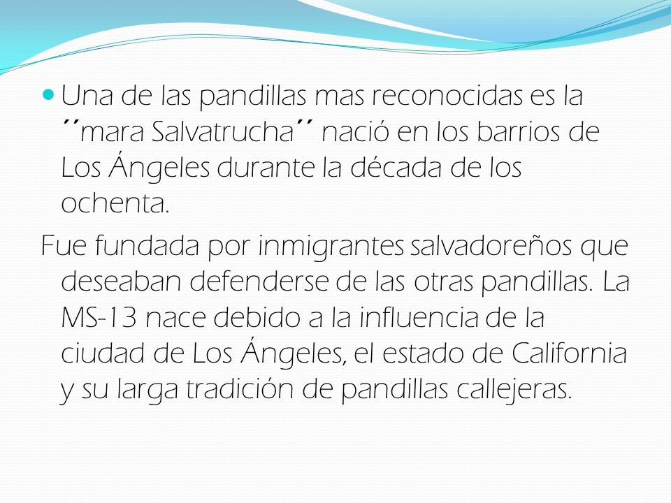 Una de las pandillas mas reconocidas es la ´´mara Salvatrucha´´ nació en los barrios de Los Ángeles durante la década de los ochenta.