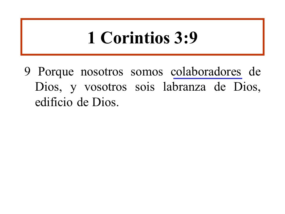 1 Corintios 3:9 9 Porque nosotros somos colaboradores de Dios, y vosotros sois labranza de Dios, edificio de Dios.