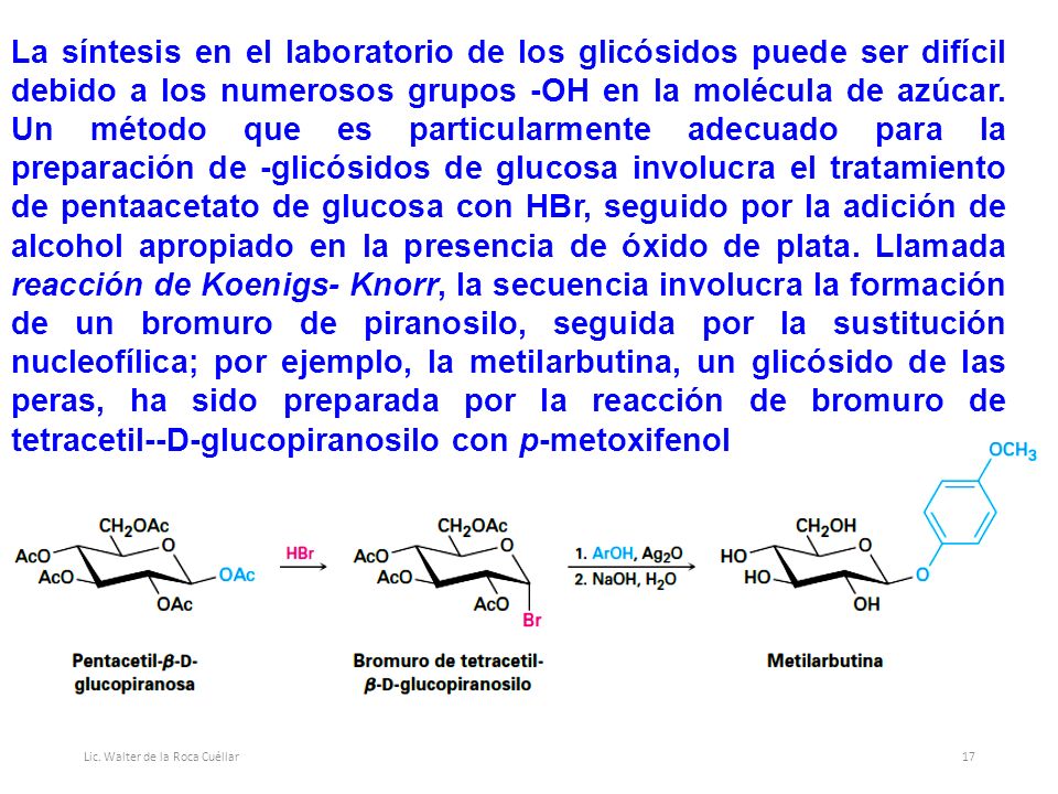La síntesis en el laboratorio de los glicósidos puede ser difícil debido a los numerosos grupos -OH en la molécula de azúcar. Un método que es particularmente adecuado para la preparación de -glicósidos de glucosa involucra el tratamiento de pentaacetato de glucosa con HBr, seguido por la adición de alcohol apropiado en la presencia de óxido de plata. Llamada reacción de Koenigs- Knorr, la secuencia involucra la formación de un bromuro de piranosilo, seguida por la sustitución nucleofílica; por ejemplo, la metilarbutina, un glicósido de las peras, ha sido preparada por la reacción de bromuro de tetracetil--D-glucopiranosilo con p-metoxifenol