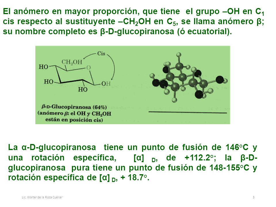 El anómero en mayor proporción, que tiene el grupo –OH en C1 cis respecto al sustituyente –CH2OH en C5, se llama anómero β; su nombre completo es β-D-glucopiranosa (ó ecuatorial).