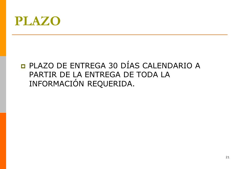 PLAZO PLAZO DE ENTREGA 30 DÍAS CALENDARIO A PARTIR DE LA ENTREGA DE TODA LA INFORMACIÓN REQUERIDA.