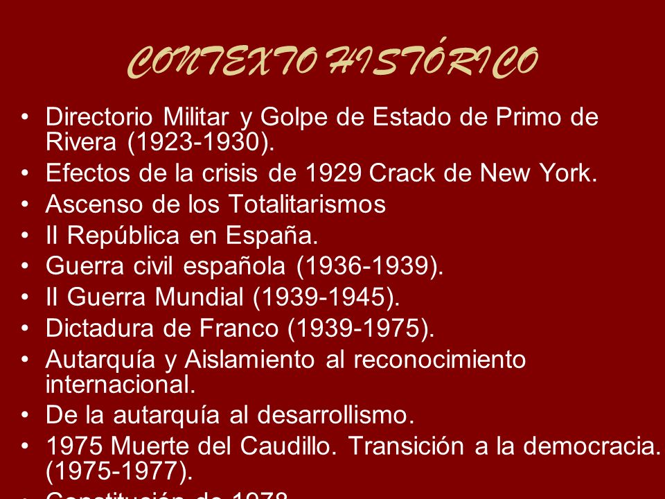 CONTEXTO HISTÓRICO Directorio Militar y Golpe de Estado de Primo de Rivera ( ). Efectos de la crisis de 1929 Crack de New York.