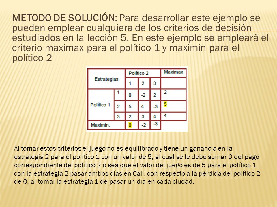 METODO DE SOLUCIÓN: Para desarrollar este ejemplo se pueden emplear cualquiera de los criterios de decisión estudiados en la lección 5. En este ejemplo se empleará el criterio maximax para el político 1 y maximin para el político 2