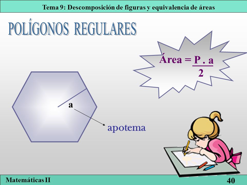 POLÍGONOS REGULARES Área = P . a 2 a apotema