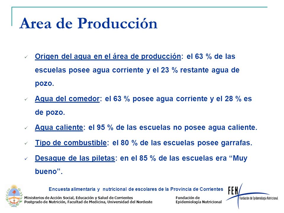 Area de Producción Origen del agua en el área de producción: el 63 % de las escuelas posee agua corriente y el 23 % restante agua de pozo.