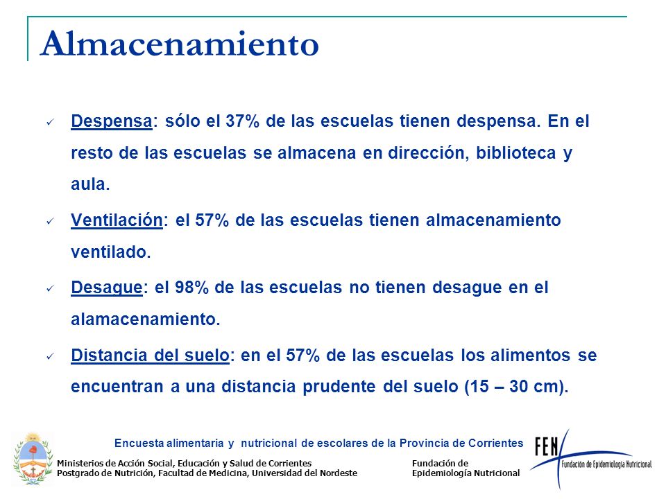 Almacenamiento Despensa: sólo el 37% de las escuelas tienen despensa. En el resto de las escuelas se almacena en dirección, biblioteca y aula.
