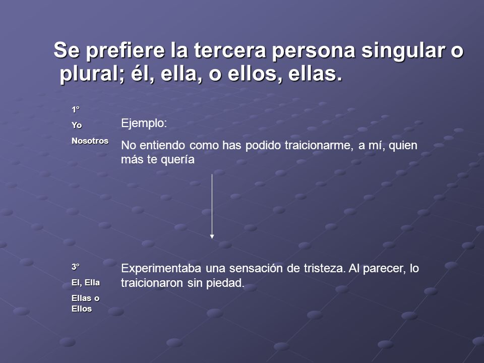 Se prefiere la tercera persona singular o plural; él, ella, o ellos, ellas.