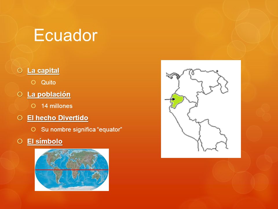 Ecuador La capital La población El hecho Divertido El símbolo Quito