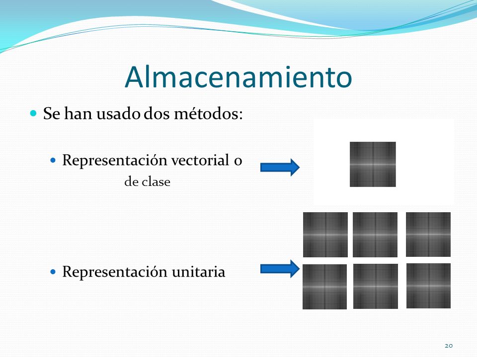 Almacenamiento Se han usado dos métodos: Representación vectorial o