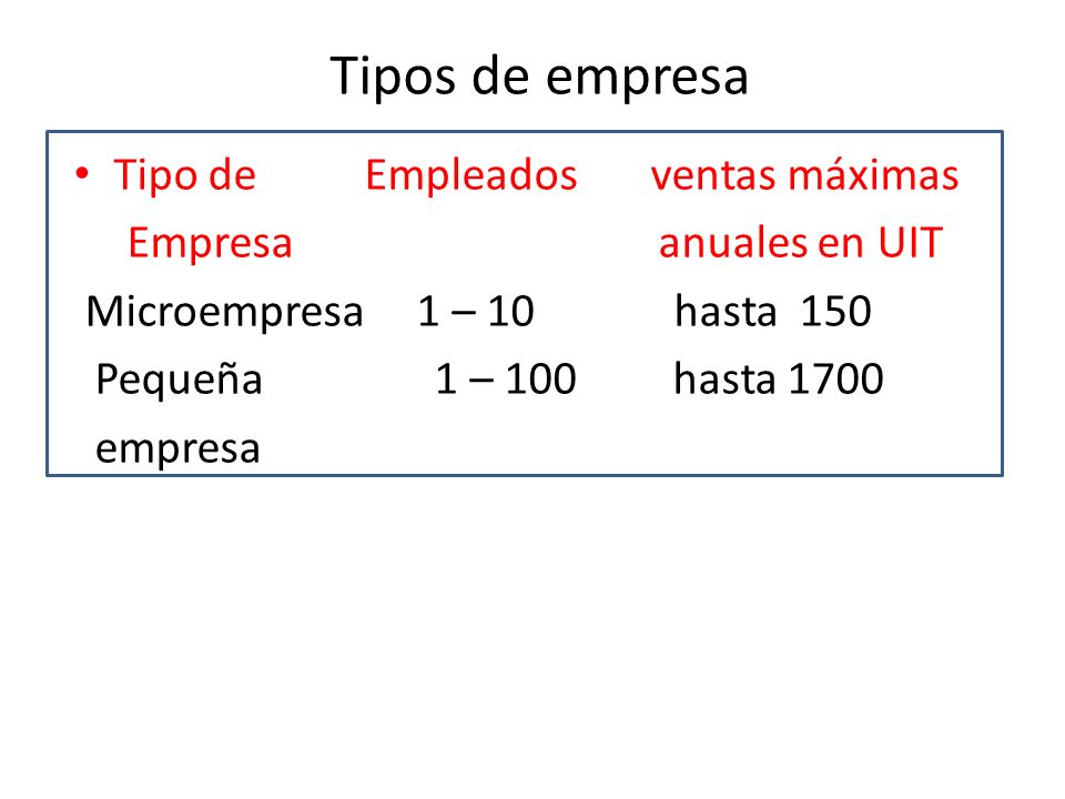 Tipos de empresa Tipo de Empleados ventas máximas