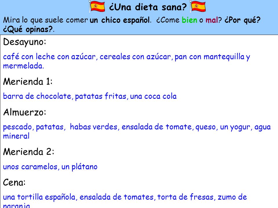 ¿Una dieta sana Desayuno: Merienda 1: Almuerzo: Merienda 2: Cena:
