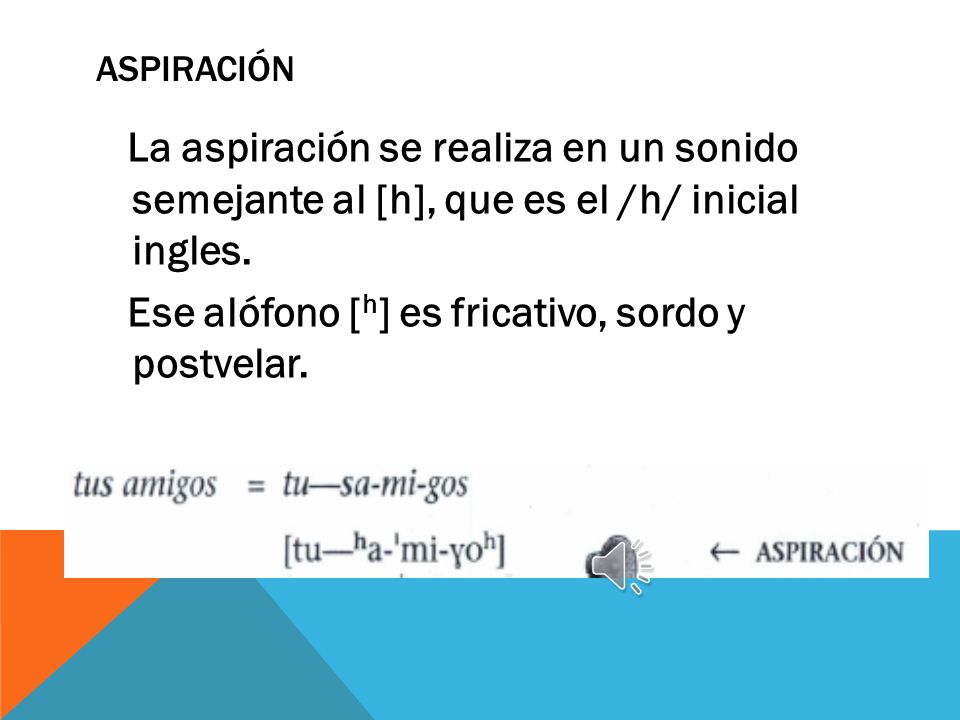 Aspiración La aspiración se realiza en un sonido semejante al [h], que es el /h/ inicial ingles.