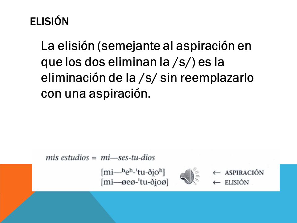 Elisión La elisión (semejante al aspiración en que los dos eliminan la /s/) es la eliminación de la /s/ sin reemplazarlo con una aspiración.