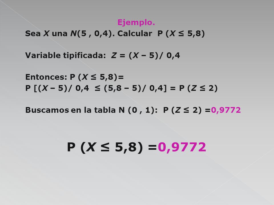 Ejemplo. Sea X una N(5 , 0,4). Calcular P (X ≤ 5,8) Variable tipificada: Z = (X – 5)/ 0,4. Entonces: P (X ≤ 5,8)=