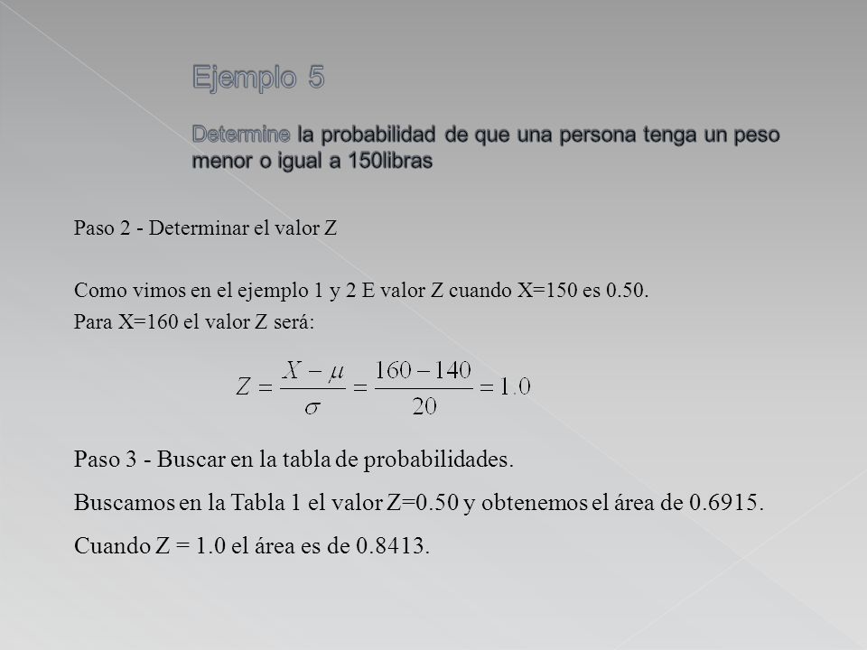 Ejemplo 5 Determine la probabilidad de que una persona tenga un peso menor o igual a 150libras