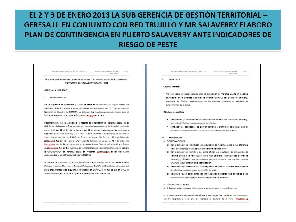 EL 2 Y 3 DE ENERO 2013 LA SUB GERENCIA DE GESTIÓN TERRITORIAL – GERESA LL EN CONJUNTO CON RED TRUJILLO Y MR SALAVERRY ELABORO PLAN DE CONTINGENCIA EN PUERTO SALAVERRY ANTE INDICADORES DE RIESGO DE PESTE