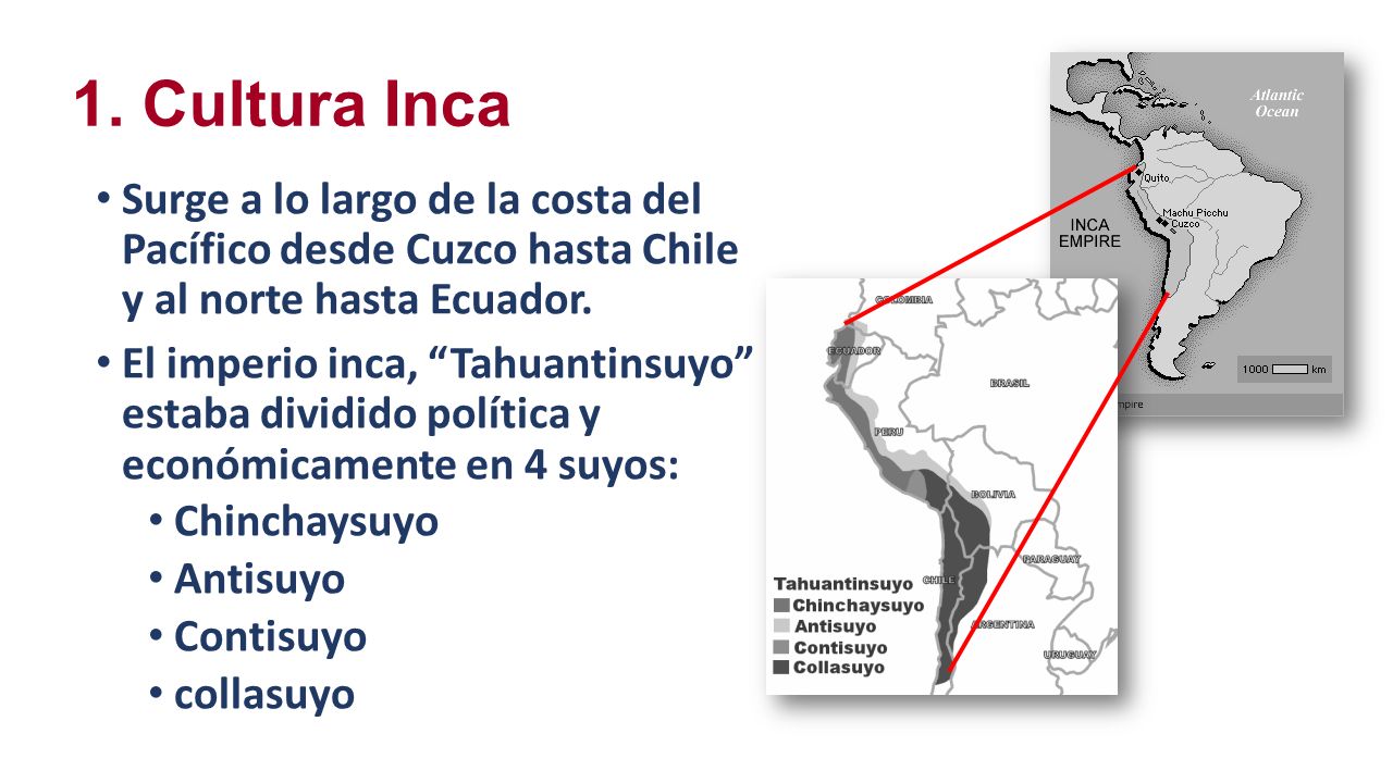 1. Cultura Inca Surge a lo largo de la costa del Pacífico desde Cuzco hasta Chile y al norte hasta Ecuador.