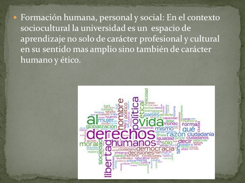 Formación humana, personal y social: En el contexto sociocultural la universidad es un espacio de aprendizaje no solo de carácter profesional y cultural en su sentido mas amplio sino también de carácter humano y ético.