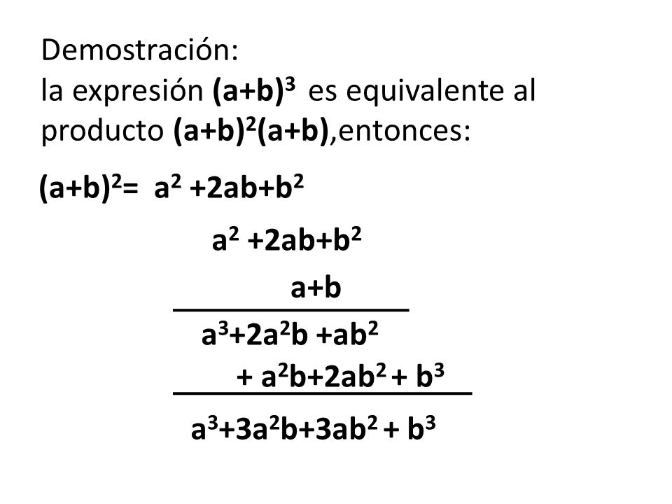 Demostración: la expresión (a+b)3 es equivalente al producto (a+b)2(a+b),entonces: