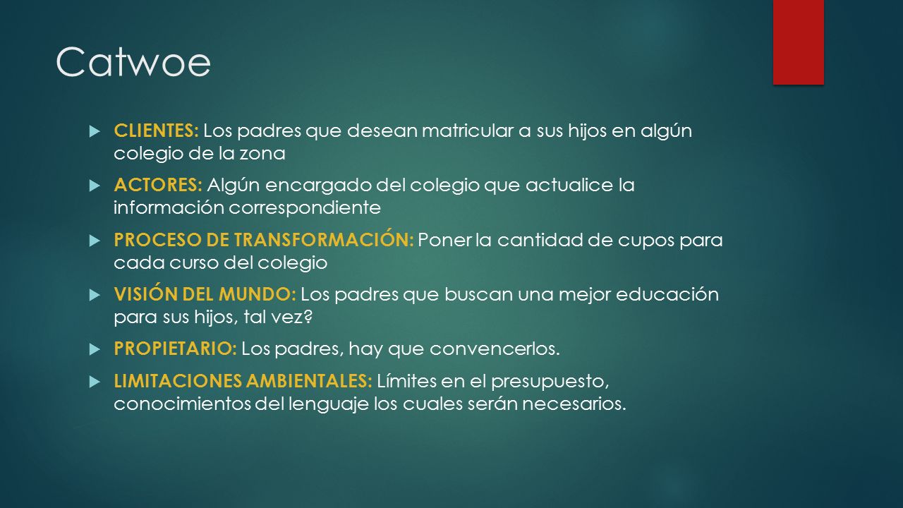 Catwoe CLIENTES: Los padres que desean matricular a sus hijos en algún colegio de la zona.