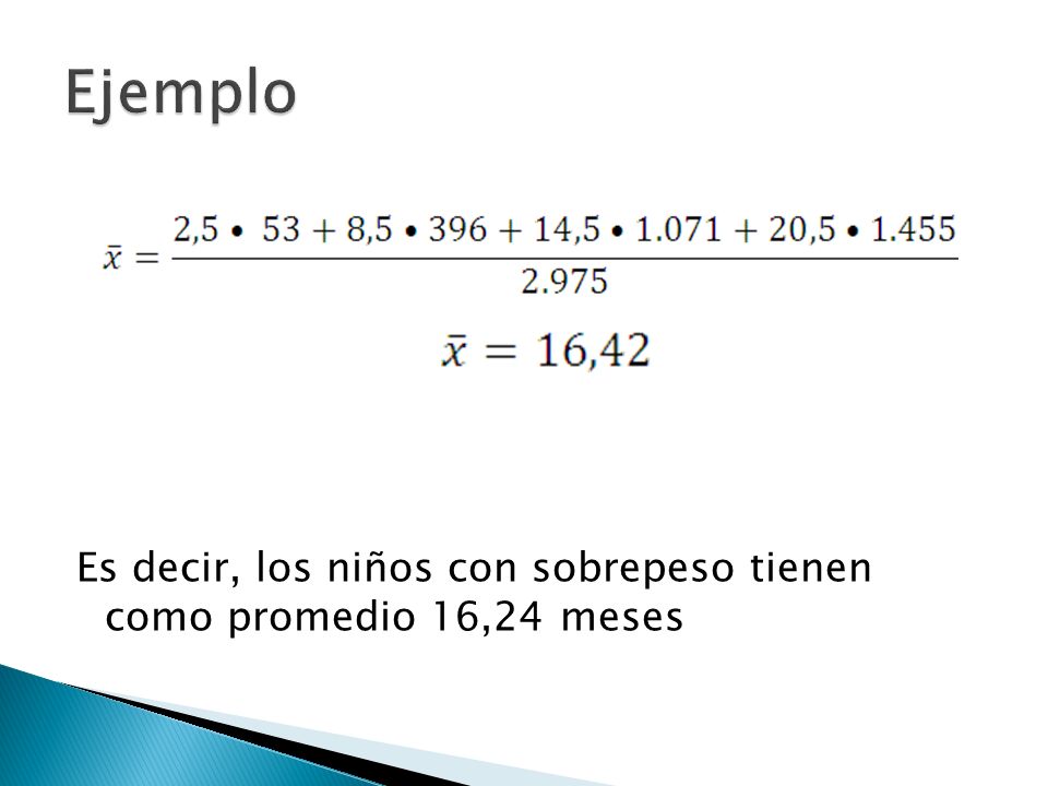 Ejemplo Es decir, los niños con sobrepeso tienen como promedio 16,24 meses