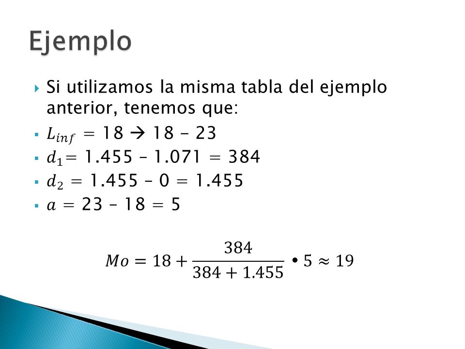 Ejemplo Si utilizamos la misma tabla del ejemplo anterior, tenemos que: 𝐿 𝑖𝑛𝑓 = 18  𝑑 1 = – = 384.