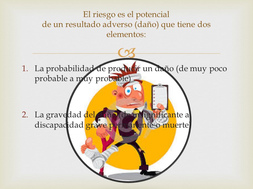 El riesgo es el potencial de un resultado adverso (daño) que tiene dos elementos: