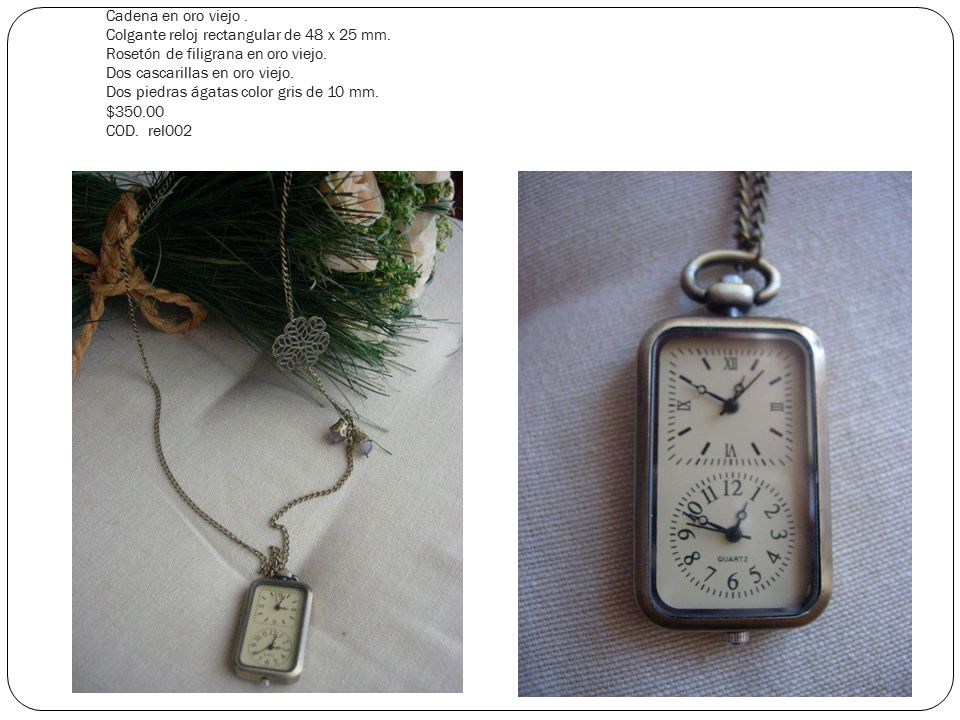 Cadena en oro viejo. Colgante reloj rectangular de 48 x 25 mm