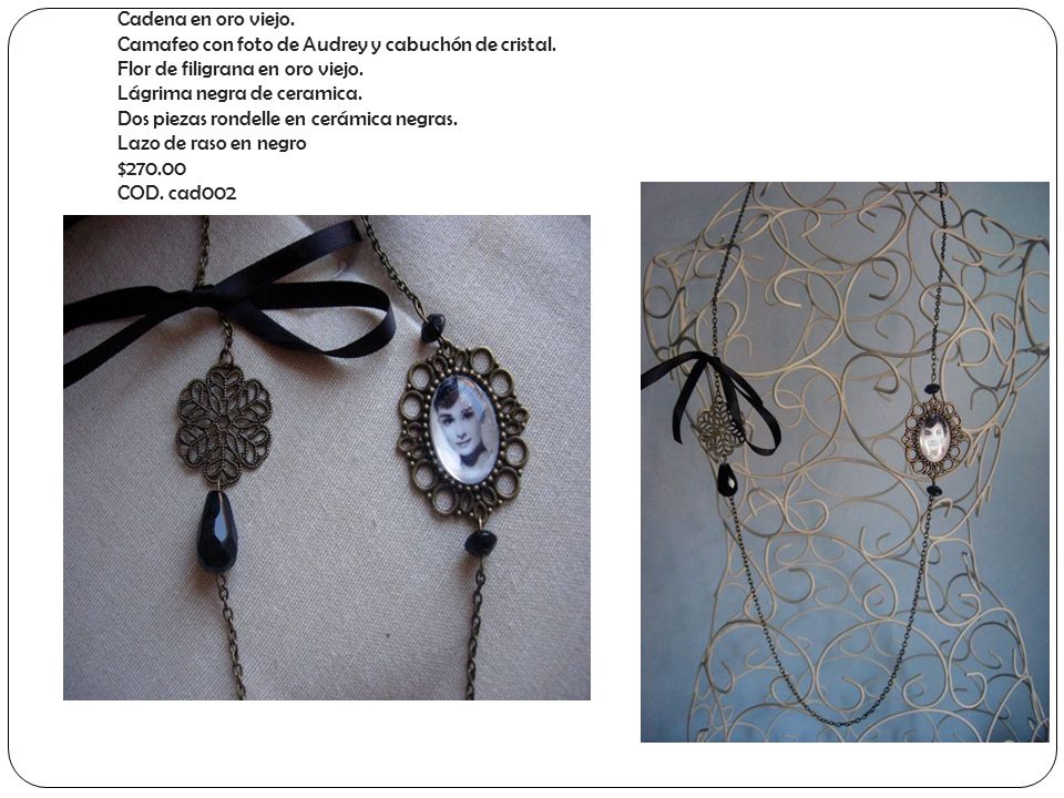 Cadena en oro viejo. Camafeo con foto de Audrey y cabuchón de cristal