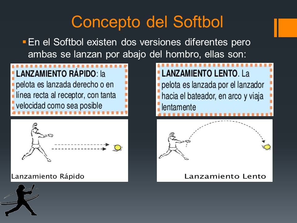Concepto del Softbol En el Softbol existen dos versiones diferentes pero ambas se lanzan por abajo del hombro, ellas son: