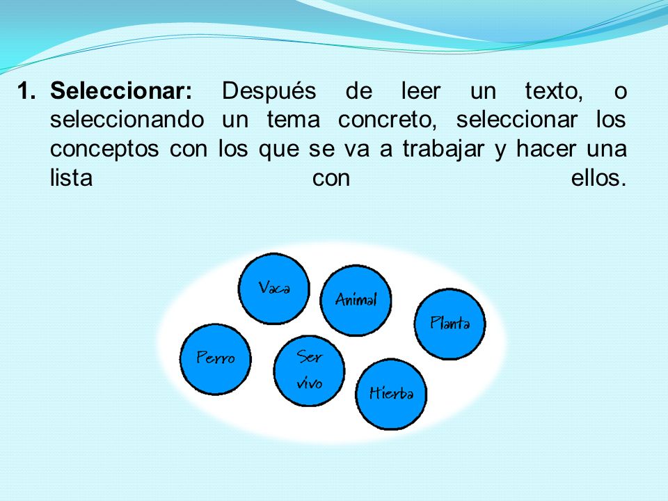 Seleccionar: Después de leer un texto, o seleccionando un tema concreto, seleccionar los conceptos con los que se va a trabajar y hacer una lista con ellos.