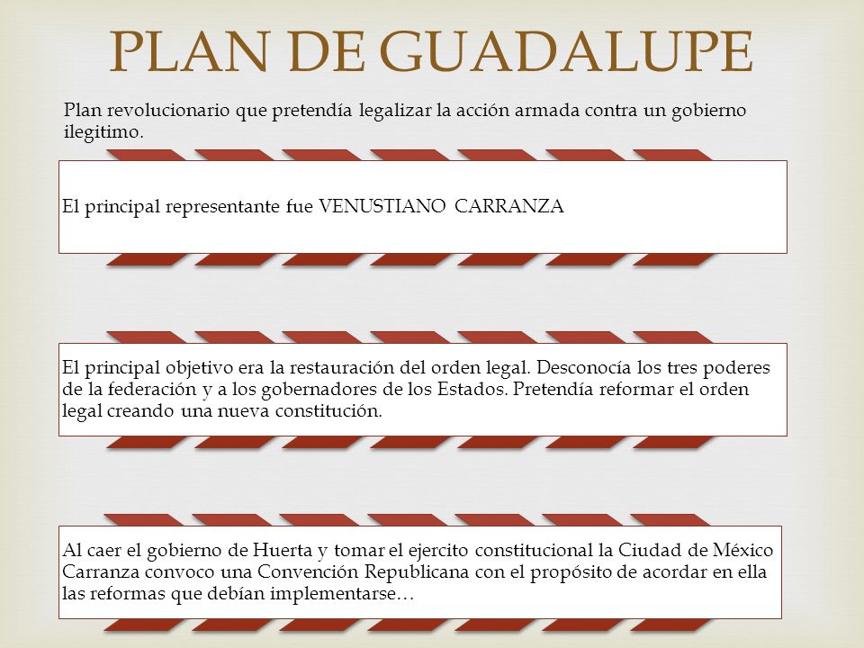 PLAN DE GUADALUPE Plan revolucionario que pretendía legalizar la acción armada contra un gobierno ilegitimo.