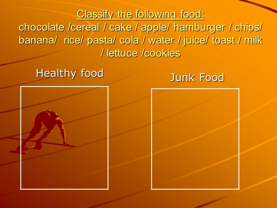 Classify the following food: chocolate /cereal / cake / apple/ hamburger / chips/ banana/ rice/ pasta/ cola / water / juice/ toast / milk / lettuce /cookies