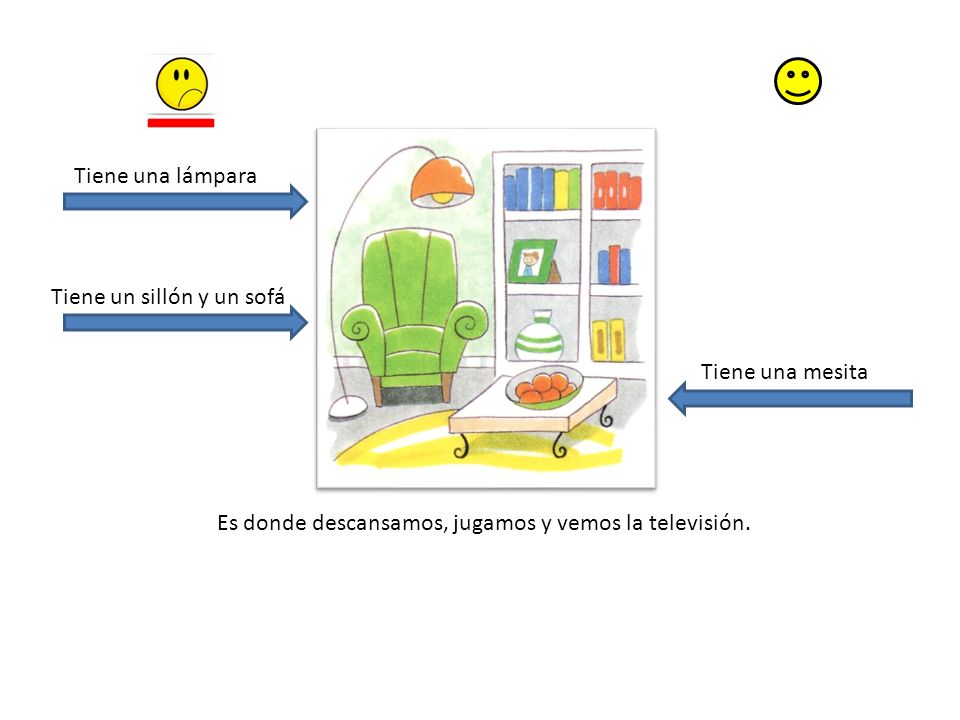 Tiene una lámpara Tiene un sillón y un sofá. Tiene una mesita.