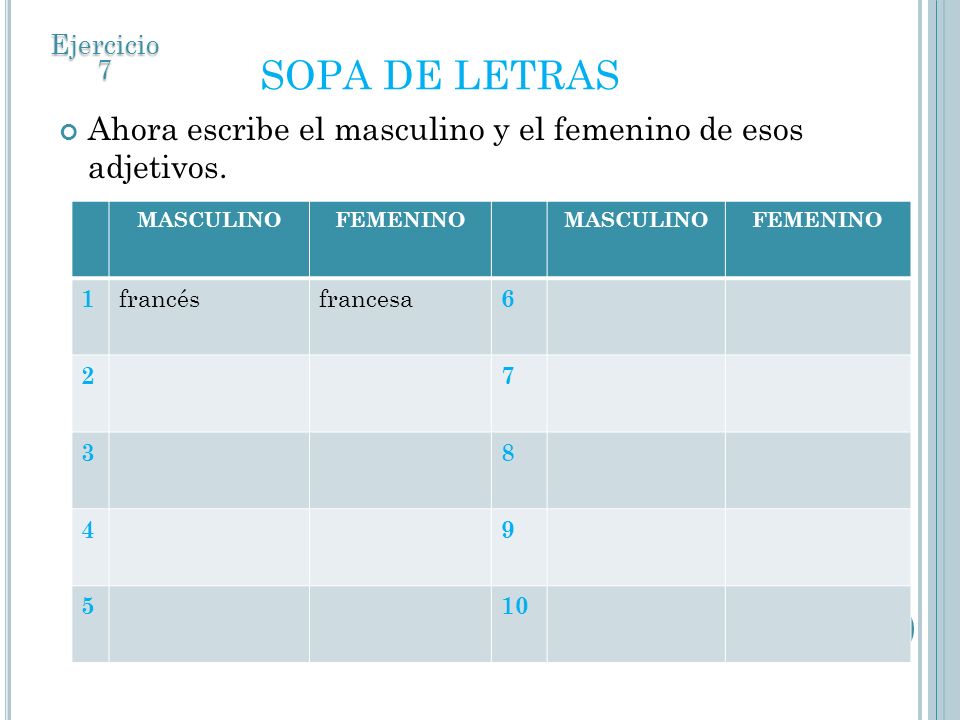 Ejercicio 7 SOPA DE LETRAS. Ahora escribe el masculino y el femenino de esos adjetivos. MASCULINO.
