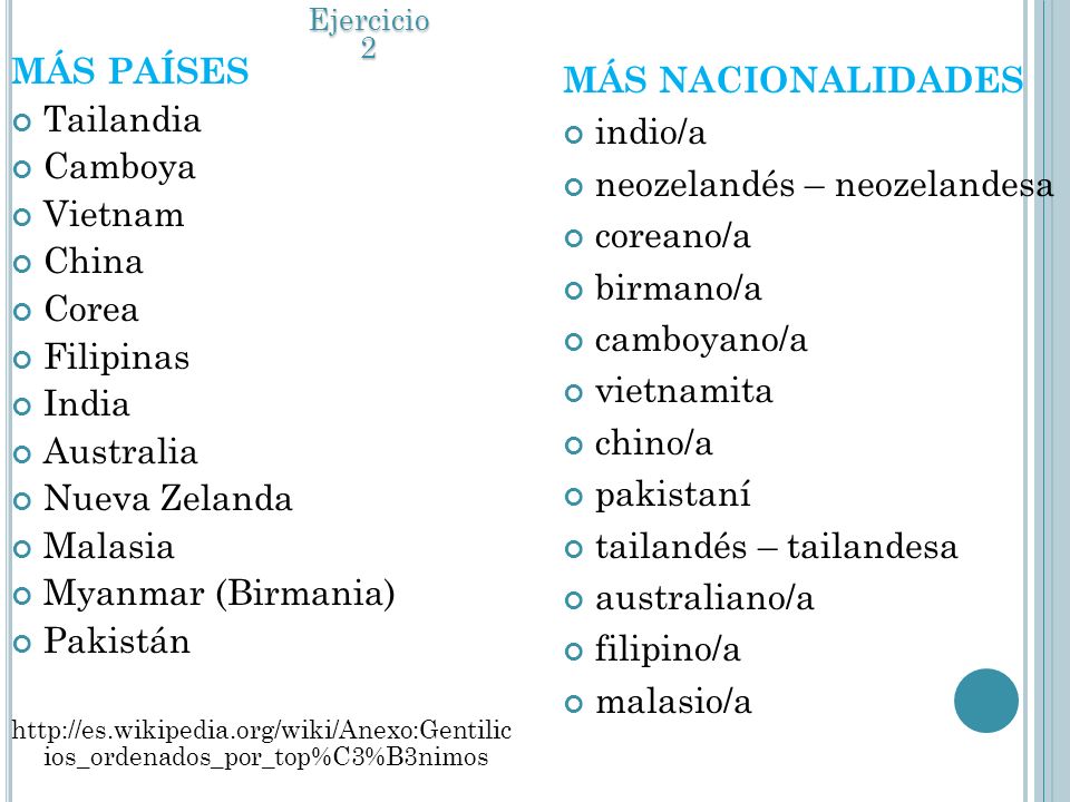 neozelandés – neozelandesa coreano/a birmano/a camboyano/a vietnamita