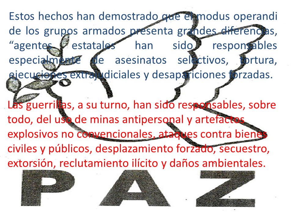 Estos hechos han demostrado que el modus operandi de los grupos armados presenta grandes diferencias, agentes estatales han sido responsables especialmente de asesinatos selectivos, tortura, ejecuciones extrajudiciales y desapariciones forzadas.