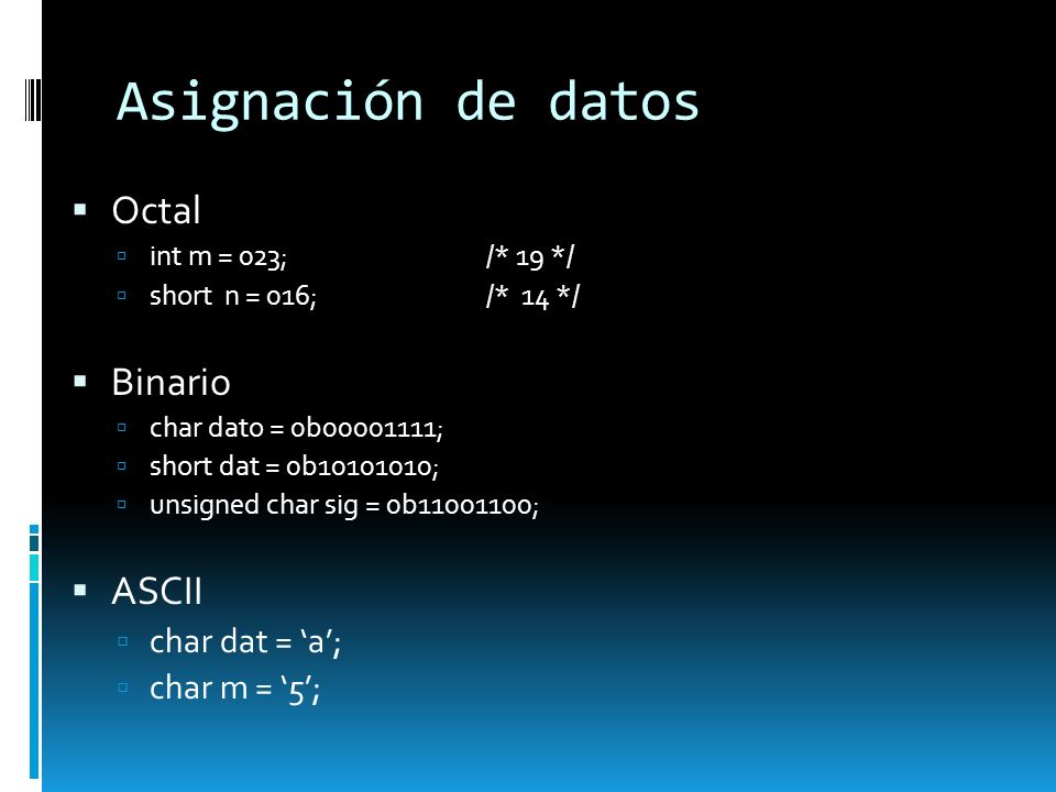 Asignación de datos Octal Binario ASCII char dat = ‘a’; char m = ‘5’;