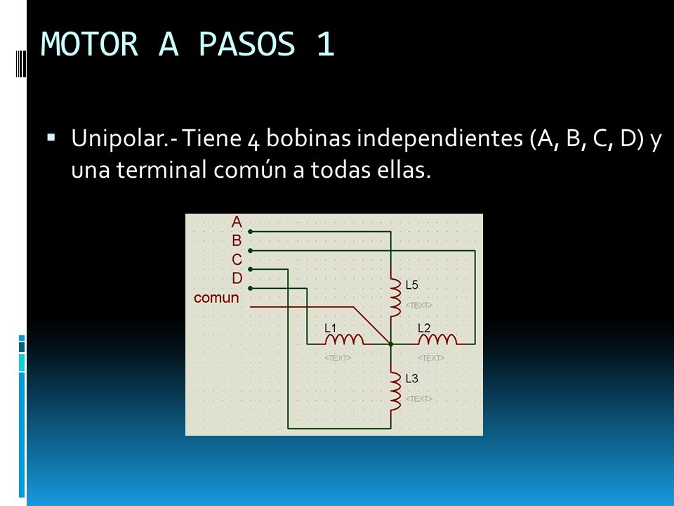 MOTOR A PASOS 1 Unipolar.- Tiene 4 bobinas independientes (A, B, C, D) y una terminal común a todas ellas.
