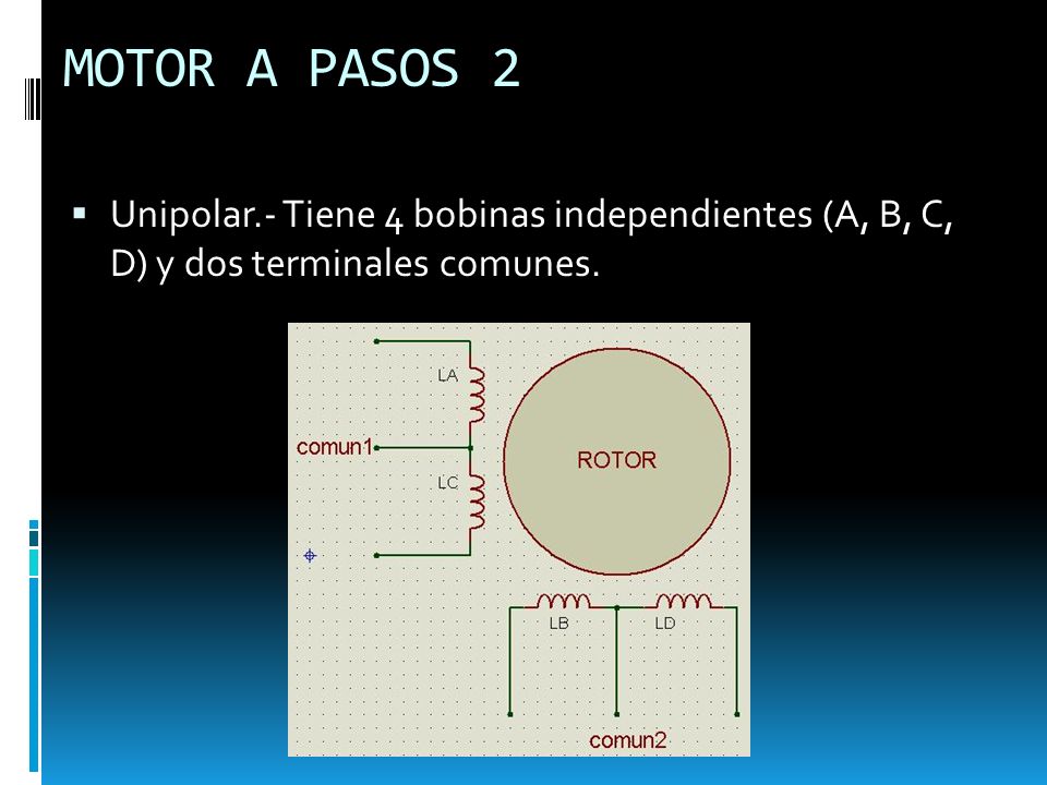 MOTOR A PASOS 2 Unipolar.- Tiene 4 bobinas independientes (A, B, C, D) y dos terminales comunes.